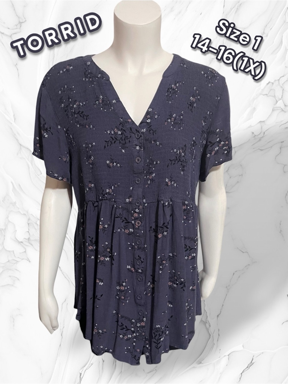 Torrid Babydoll Tunic Top Floral Button Front Blue Purple Size 1 1X 14-16